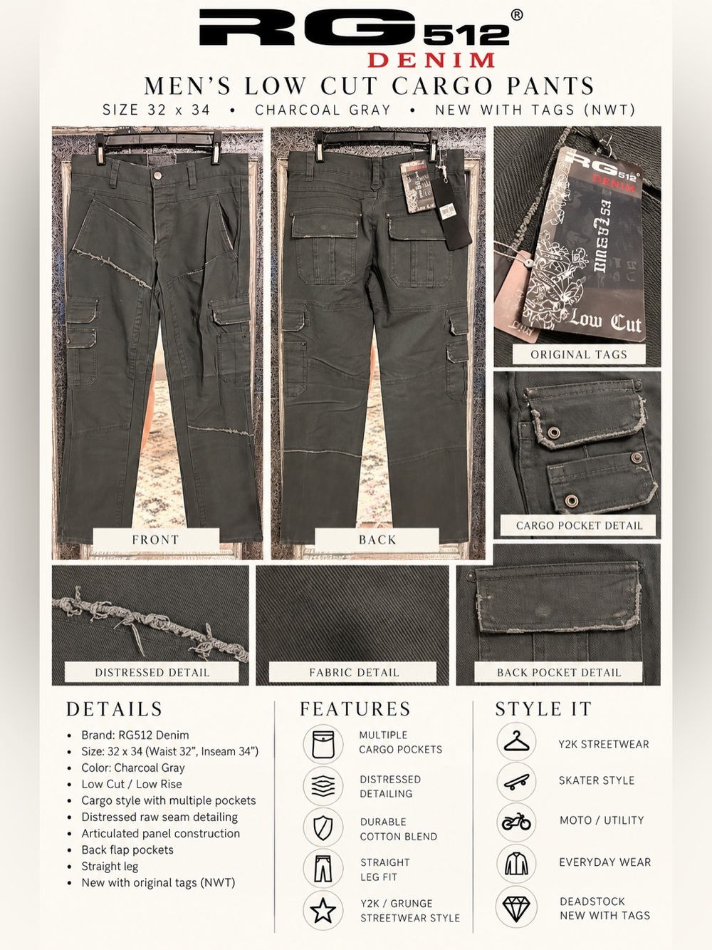 RG512 Men's Low-Rise Cargo Pants — Charcoal Gray